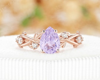 Lavender Amethyst and Diamond Engagement Ring,Pear Amethyst Handmade Promise Ring,Nature Inspired Twig Leaf Wedding Anniversary Ring for Her