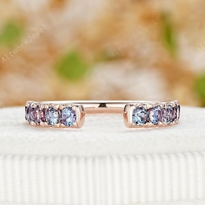 Dainty Round Cut Alexandrite Wedding Band, Delicate 14K Rose Gold June Birthstone Promise Band, Open Gap Engagement Band Anniversary Gift