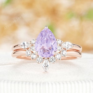 Natural Pear Cut Lavender Amethyst Bridal Set, 14K Rose Gold February Birthstone Engagement Ring Set, Vintage Promise Wedding Ring for Women