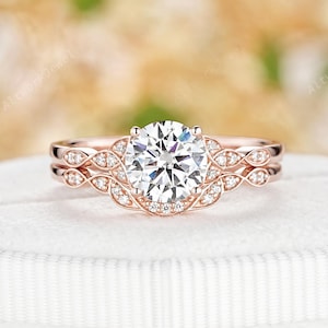 Round Cut Moissanite Celtic Knot Engagement Ring 14K Rose Gold Trinity Knot Bridal Set Unique Norse Viking Wedding Promise Ring for Women
