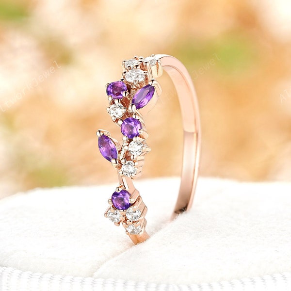 Natural Amethyst and Diamond Wedding Band February Birthstone Promise Matching Band Twig Branch 14K Rose Gold  Engagement Band Gift for Her