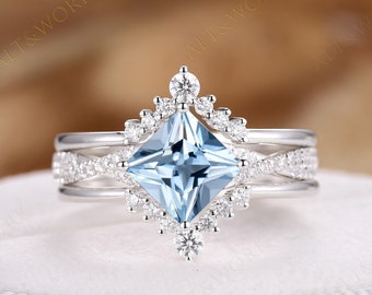 3PCS Princess Cut Blue Aquamarine Engagement Ring 14K White Gold Natural Aquamarine Wedding Set Platinum Promise Anniversary Ring Bridal Set