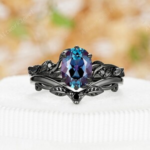 Gothic Oval Cut Alexandrite Bridal Set, Rhodium Black Gold June Birthstone Engagement Ring Set, Black Moissanite Witchy Promise Ring for Her