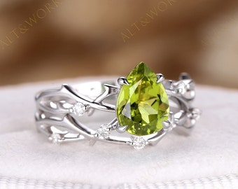 Vintage Pear Cut Peridot and Diamond Engagement Ring Set, 14K White Gold Peridot and Moissanite Twig Branch Promise Wedding Ring For Women