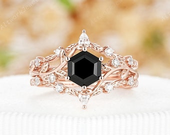 3PCS Black Onyx Engagement Ring Set, Vintage Hexagon Black Onyx Rose Gold Bridal Set,Nature Inspired Olive Leaf Promise Wedding Ring for Her