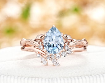 Nature Inspired Blue Aquamarine Engagement Ring 14K Rose Gold March Birthstone Twig Leaf Bridal Set Pear Cut Aquamarine Wedding Promise Ring