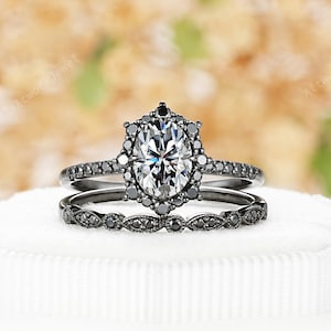 Gothic Gray Moissanite Engagement Ring Set, Rhodium Black Gold Oval Grey Moissanite Bridal Set, Halo Black Moissanite Promise Ring for Women