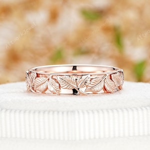 Nature Inspired Twig Leaf His Wedding Band, 14K Rose Gold Couple Promise Ring, Anniversary Gift for Him, Full Eternity Men&#39;s Engagement Band