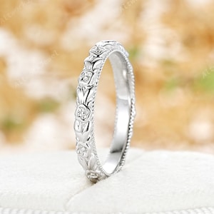 Platinum Rose Flower Wedding Band Nature Inspired Twig Leaf Couple Promise Ring 14K White Gold June Birth Flower Engagement Band for Women