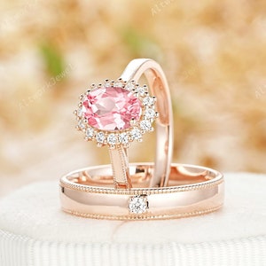 His and Hers Wedding Band Oval Padparadscha Pink Sapphire Rose Gold Promise Couples Rings Set Vintage Men&#39;s Band for Him Engagement Ring Set