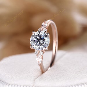 Unique Round Gray Moissanite and Diamond Engagement Ring,14K Rose Gold Grey Moissanite Promise Wedding Ring, Anniversary Ring Gift For Women