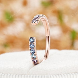 Round Color Change Alexandrite Wedding Band Unique 14K Rose Gold Open Gap Promise Band June Birthstone Engagement Anniversary Ring for Women
