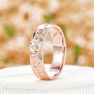 Fantasy Rose Floral Men&#39;s Wedding Band, June Birth Flower His Engagement Band, 14K Rose Gold Full Eternity Couple Promise Ring Gift for Him