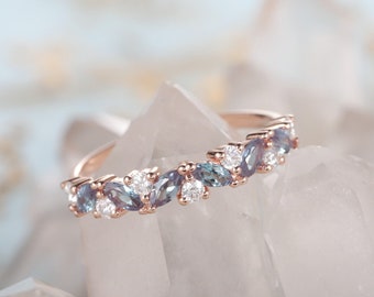 Marquise Alexandrite and Moissanite Wedding Band, Half Eternity Rose Gold Alexandrite Straight Matching Band Anniversary Ring Gift for her