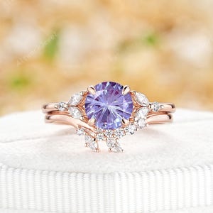 Round Shape Firework Cut Alexandrite Bridal Set Vintage June Birthstone Engagement Ring 14K Rose Gold Handmade Wedding Ring Anniversary Gift