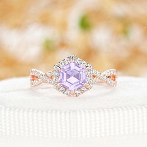Hexagon Cut Lavender Amethyst Halo Engagement Ring Vintage 14K Rose Gold Infinity Wedding Ring February Birthstone Twisted Promise Ring Gift