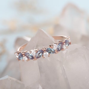 Marquise Alexandrite Wedding Band 14K Rose Gold Moissanite Engagement Band Delicate Promise Matching Band Platinum Anniversary Gift for Her