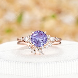 Vintage Firework Cut Alexandrite Bridal Set Round Cut Alexandrite Engagement Ring 14K Rose Gold June Birthstone Custom Wedding Promise Ring