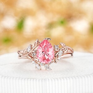 Pear Cut Pink Sapphire Engagement Ring Set, 14K Rose Gold Nature Inspired Twig Leaf Bridal Set, September Birthstone Wedding Ring for Women