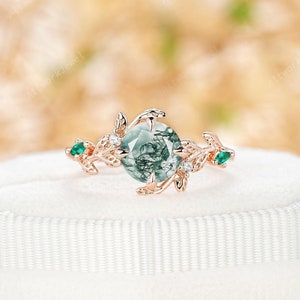 Natural Round Cut Moss Agate Engagement Ring, Unique Green Emerald Promise Wedding Ring, 14K Rose Gold Twig Branch Anniversary Gift for Her