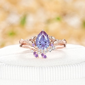 Firework Cut Pear Shape Alexandrite Engagement Ring 14K Rose Gold Vine Leaf Custom Bridal Set Natural Amethyst Wedding Promise Ring for Her