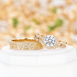 Round Cut Moissanite His and Hers Wedding Band 14K Yellow Gold Couple Promise Ring Set Celtic Knot Engagement Ring Norse Viking Bridal Set