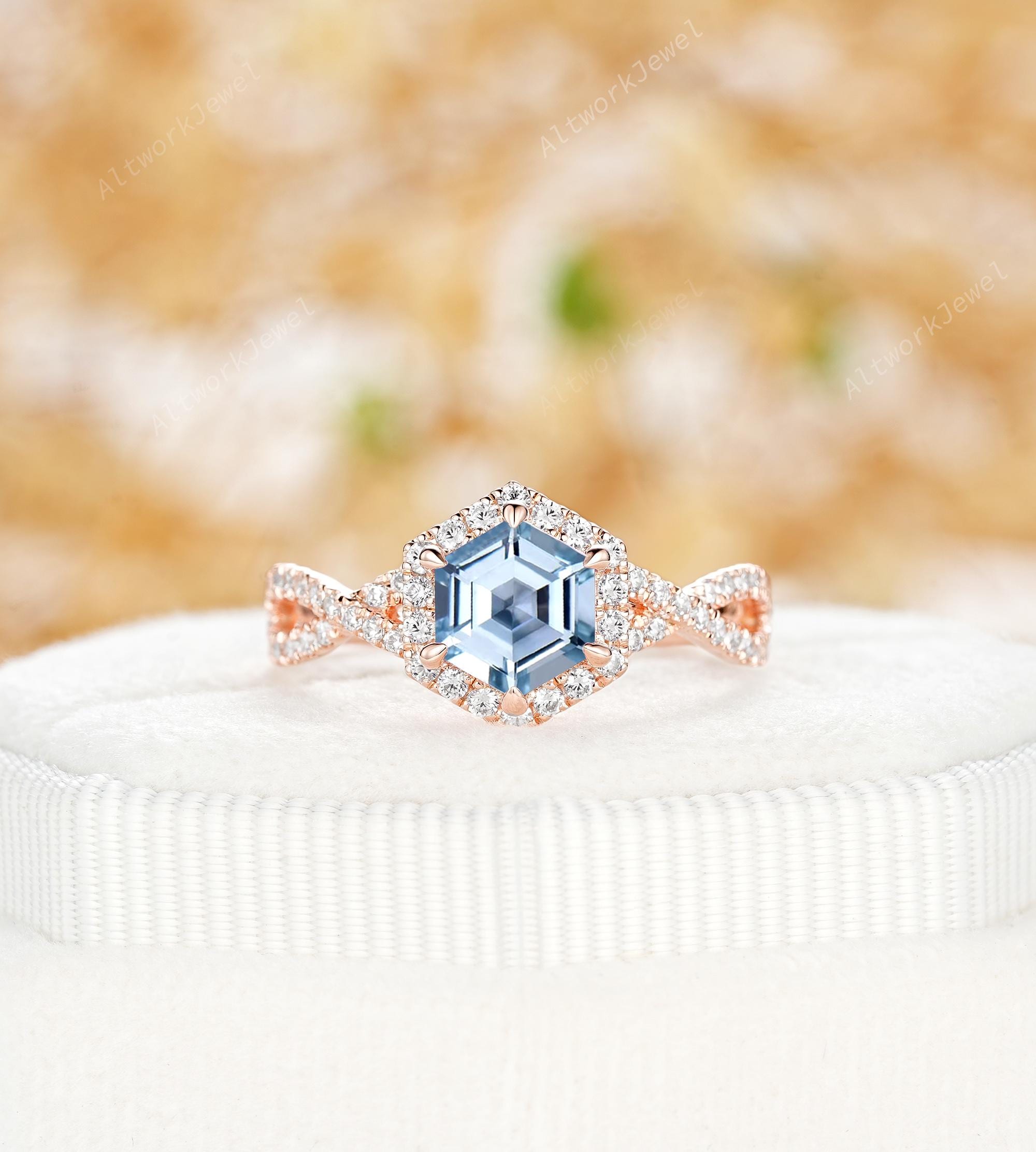 Hexagon Cut Natural Blue Aquamarine Engagement Ring 14K Rose Gold Infinity Promise Ring March Birthstone Halo Wedding Ring Anniversary Gift
