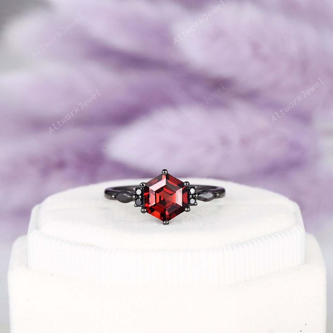 Black Gold Hexagon Cut Engagement Ring , Rhodium Black Red