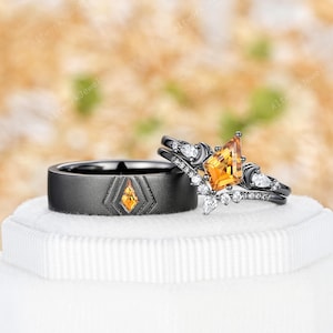 Gothic Kite Cut Yellow Citrine Couples Promise Ring November Birthstone His and Hers Wedding Band 14K Black Gold Crescent Witchy Bridal Set
