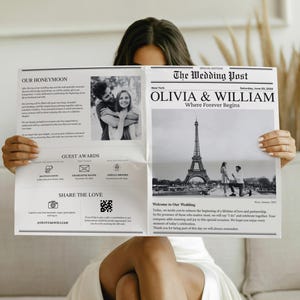 Szablon gazety ślubnej, w zestawie zabawny 2-stronicowy bonus, edytowalny program do druku, zaproszenie na ceremonię w formie magazynu tabloid, harmonogram podróży