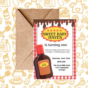 May include: A BBQ-themed invitation with a brown envelope. The invitation features a red and white checkered border, the text "Sweet Baby Hayes is turning one," and a graphic of a BBQ sauce bottle. The background has BBQ-related illustrations.