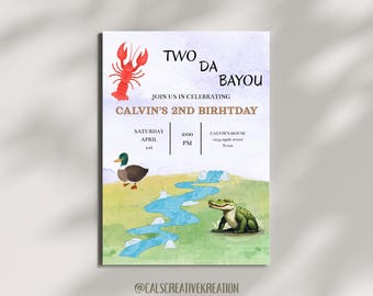 Może przedstawiać: Kolorowe zaproszenie z tekstem "TWO DA BAYOU" i "CALVIN'S 2ND BIRHTDAY". Zawiera czerwonego raka, kaczkę i zielonego aligatora. Zaproszenie zawiera datę, godzinę i lokalizację.