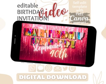 Digital Birthday Invitation 40, Video Invitation Birthday, Evite Birthday Party Invitation, 40th Birthday Invite Template for Canva