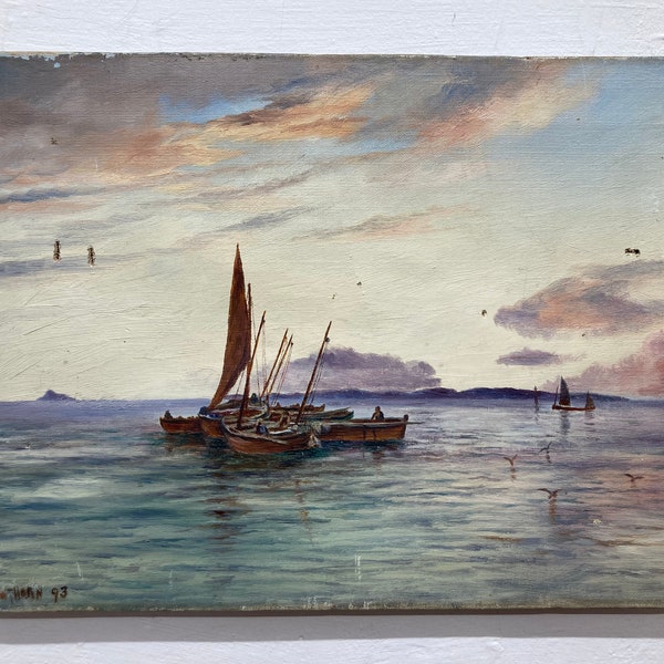 Vintage Oil Painting, Seascape with boats