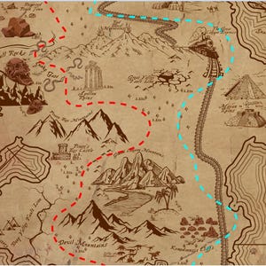 May include: A vintage-style treasure map with a brown background and a red and blue dashed line route. The map features a skull sea, mountains, and a skull with a snake.