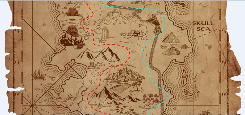 May include: A vintage-style treasure map with a brown background and a red and blue dashed line route. The map features a skull sea, mountains, and a skull with a snake.