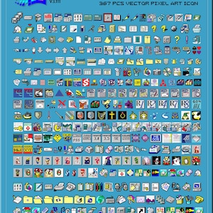 May include: A blue poster with a collection of 367 pixel art icons, labeled "ICON PACK." The icons are in various colors and depict computer-related symbols, including files, folders, and software logos. The poster also includes the text "OLD COMPUTER SYSTEM V3.111."