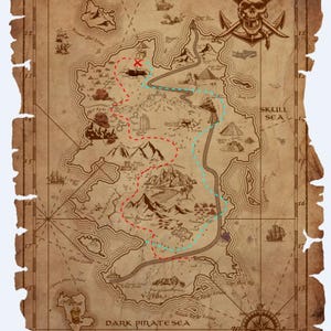 May include: A vintage-style treasure map with a skull and crossbones logo, labeled "Treasure Map". The map shows a large island with a red dashed line and a turquoise dotted line marking a route. The island is surrounded by water labeled "Purple Coral Sea", "Skull Sea", and "Dark Pirate Sea".