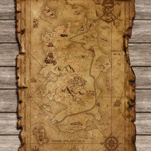 May include: A vintage-style treasure map with a skull and crossbones, a compass, and the words "Purple Coral Sea", "Skull Sea", and "Dark Pirate Sea". The map is drawn on parchment paper and has a red dotted line indicating a path.