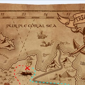 May include: A vintage treasure map with a skull and crossbones design. The map shows a purple coral sea with islands and a red X marking the spot of buried treasure.