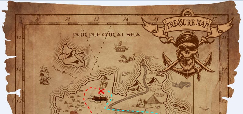 May include: A vintage treasure map with a skull and crossbones design. The map shows a purple coral sea with islands and a red X marking the spot of buried treasure.