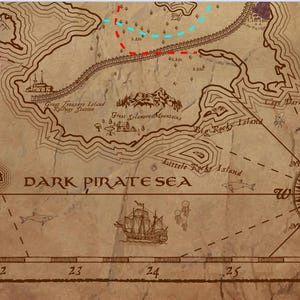 May include: A vintage-style map with a compass in the bottom right corner. The map is labeled "DARK PIRATE SEA" and shows various islands and a ship.