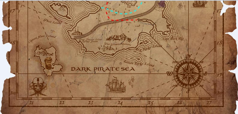 May include: A vintage-style map with a compass in the bottom right corner. The map is labeled "DARK PIRATE SEA" and shows various islands and a ship.