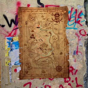 May include: A vintage-style treasure map with a skull and crossbones logo, titled "Treasure Map". The map features a detailed illustration of a fictional island with various landmarks, including "Purple Coral Sea", "Skull Sea", and "Dark Pirate Sea".