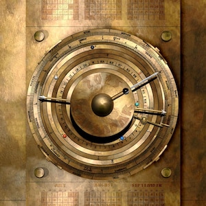 May include: A steampunk-style calendar for the year 2025 with a brass-colored design. The calendar features a circular clock face with Roman numerals and a gear-like design. The months of the year are displayed in a grid format with each month labeled in a vintage font.