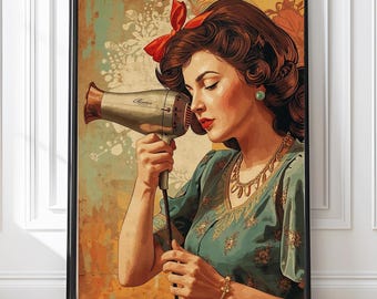 Arte mural de salón vintage: Impresión retro divertida de mujer secándose el pelo, descarga digital, decoración del hogar