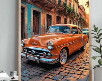 Impresión de un auto habanero: Auto naranja de los años 50, fotografía retro cubana (descarga digital)