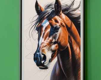 Impresión de retrato de caballo salvaje / Arte mural de caballo en primer plano ultrarrealista / Iluminación dramática / Descarga digital
