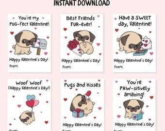 Printable Pug Valentine's Day Cards, Classroom Valentine's Day Cards for Kids, Kids Valentine Printable, Kids Valentine Digital Download