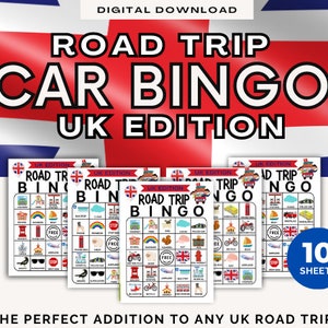 英国ロードトリップビンゴ印刷可能、デジタルダウンロードオートビンゴ、子供向け車アクティビティ、子供向け車ゲーム、アイルランド、スコットランド、ウェールズ、イングランド